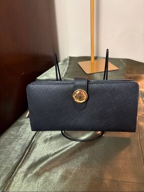 Ralph Lauren Black Saffiano Leather Wallet with Gold RL Medallion